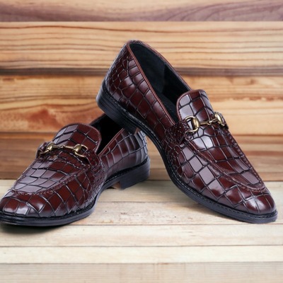 Handmade men's brown alligator print leather & plan leather horse bit loafer shoes - Thumbnail 1