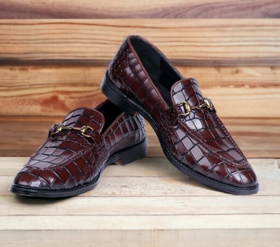 Handmade Men's Brown Alligator Print Leather & Plan Leather Horse Bit Loafer Shoes