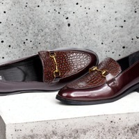 Handmade Men's Brown Alligator Print Leather & Plan Leather Horse Bit Loafer Shoes - Thumbnail 1