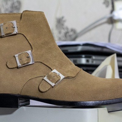 Handmade men's brown suede triple buckle monk zipper ankle boots - Thumbnail 1