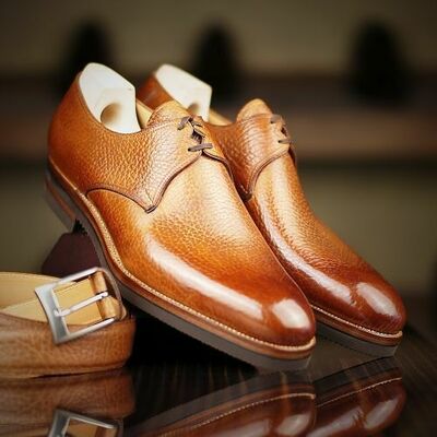 Double eyelet derby brown calf leather dress oxford shoes with vibram sole - Thumbnail 1