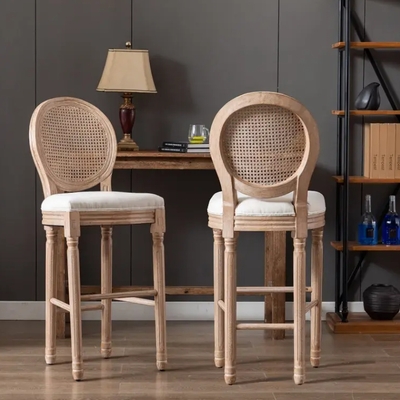 French country wooden barstools rattan back with upholstered seating - w21236874