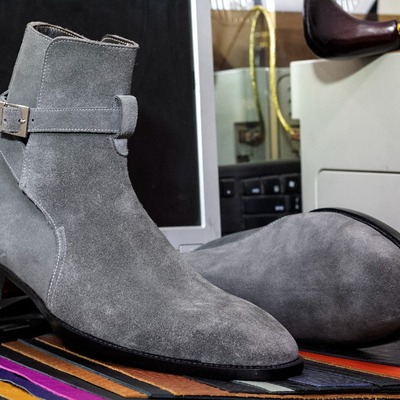 Handmade men's gray suede singal monk buckle ankle boots - Thumbnail 2