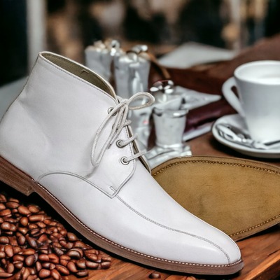 Handmade men's white lace up chukka designer leather classic boots - Thumbnail 3