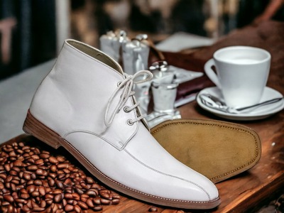 Handmade Men's White Lace Up Chukka Designer Leather Classic Boots