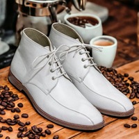Handmade Men's White Lace Up Chukka Designer Leather Classic Boots - Thumbnail 1