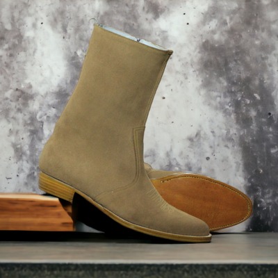 Handmade men's brown suede zipper high ankle boots - Thumbnail 2