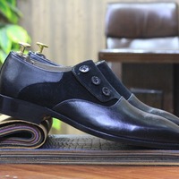 Handmade Men's Two Tone Leather & Suede Button Dress Shoes - Thumbnail 1