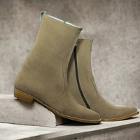 Handmade Men's Brown Suede Zipper High Ankle Boots - Thumbnail 1