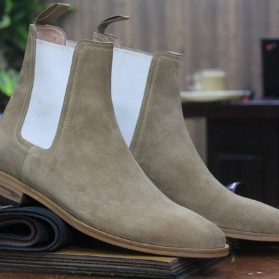 Handmade men's beige suede chelsea ankle boots - Thumbnail 2