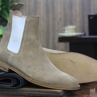 Handmade Men's Beige Suede Chelsea Ankle Boots - Thumbnail 1