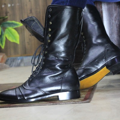 Handmade men's black leather lace up long ankle high boots - Thumbnail 1