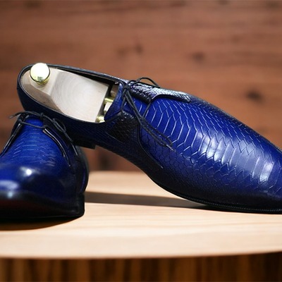 Handmade men's blue python leather laceup dress shoes - Thumbnail 4