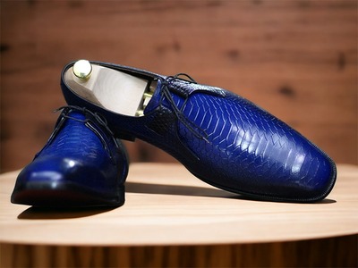 Handmade Men's Blue Python Leather Laceup Dress Shoes