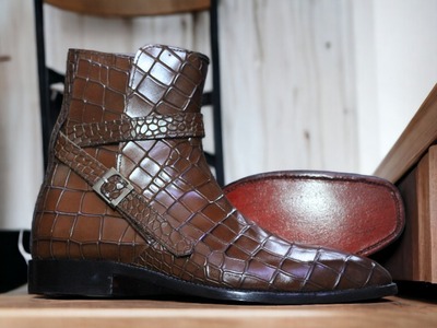 Handmade Men's Brown Alligator Print Leather Jodhpur Fashion Ankle Boot