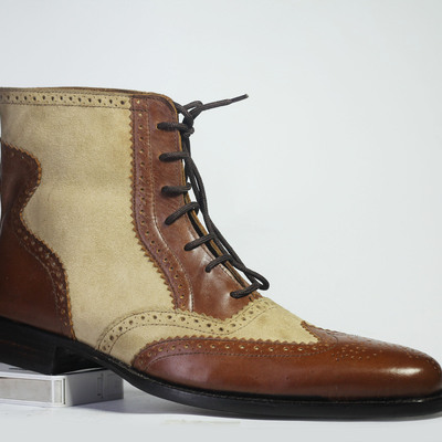 Men's ankle high brown beige wing tip brogue leather suede lace up boot - Thumbnail 2