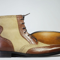 Men's Ankle High Brown Beige Wing Tip Brogue Leather Suede Lace Up Boot - Thumbnail 2