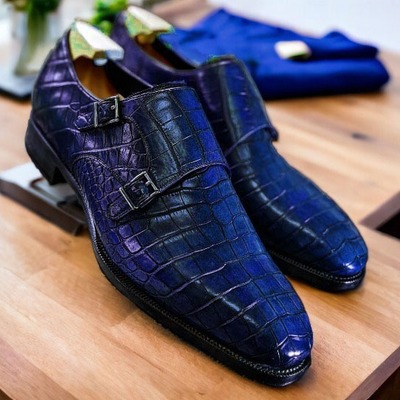 Handmade men's blue double buckle alligator print leather dress shoes - Thumbnail 4