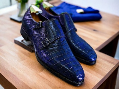 Handmade Men's Blue Double Buckle Alligator Print Leather Dress Shoes
