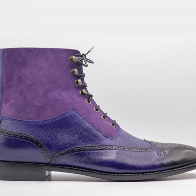 Handmade two tone lace up leather suede ankle high boot - Thumbnail 1