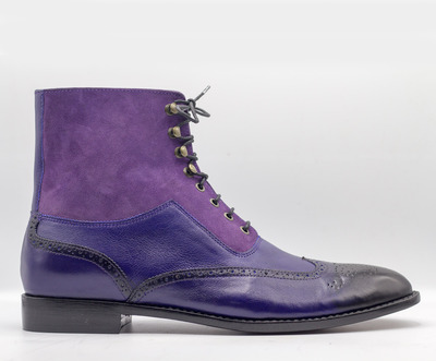 Handmade Two Tone Lace Up Leather Suede Ankle High Boot