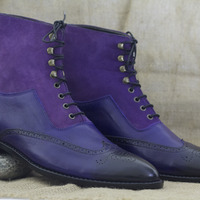 Handmade Two Tone Lace Up Leather Suede Ankle High Boot - Thumbnail 1