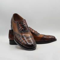 New Men's Brown Alligator Print Leather Shoes, Lace Up Shoes - Thumbnail 1