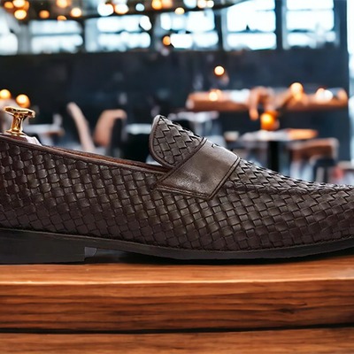 Office shoes for men's brown woven leather handmade penny loafer shoes - Thumbnail 2