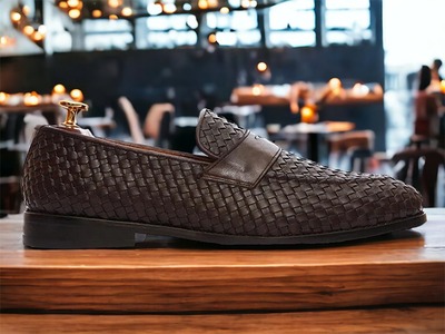 Office Shoes For Men's Brown Woven Leather Handmade Penny Loafer Shoes
