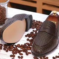Office Shoes For Men's Brown Woven Leather Handmade Penny Loafer Shoes - Thumbnail 1