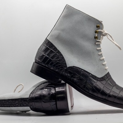Handpainted men's two tone  alligator print leather & suede lace up ankle boots