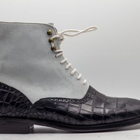 Handpainted Men's Two Tone  Alligator Print Leather & Suede Lace Up Ankle Boots - Thumbnail 1