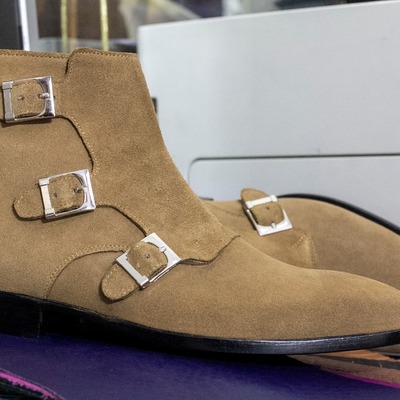 Men's brown suede handmade triple buckle monk suede zipper ankle boots