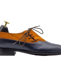 Men Two Tone Designer Suede And Leather Side Lace Up Shoes - Thumbnail 1