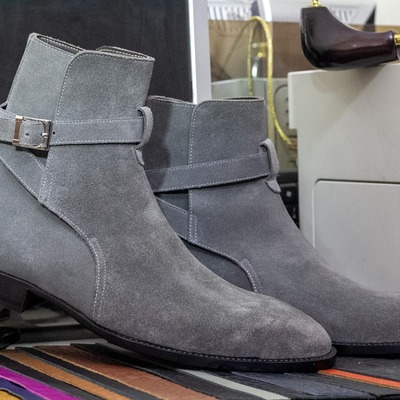 Handmade men's gray suede singal monk buckle ankle boots