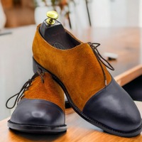 Men Two Tone Designer Suede And Leather Side Lace Up Shoes - Thumbnail 2