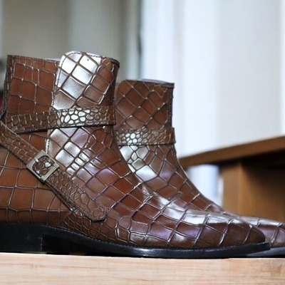 Handmade men's brown alligator print leather jodhpur fashion ankle boot