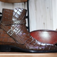 Handmade Men's Brown Alligator Print Leather Jodhpur Fashion Ankle Boot - Thumbnail 1