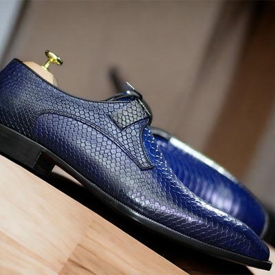 Handmade men's blue python leather laceup dress shoes