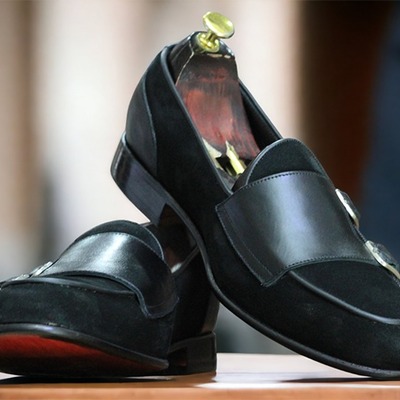 Handmade men's black leather & suede double buckle loafer formal shoes