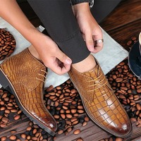 Handmade Men's Brown Alligator Print Leather Lace Up Dress Shoes - Thumbnail 1