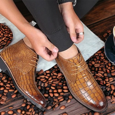 Handmade men's brown alligator print leather lace up dress shoes