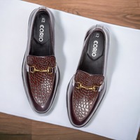 Handmade Men's Brown Alligator Print Leather & Plan Leather Horse Bit Loafer Shoes - Thumbnail 1