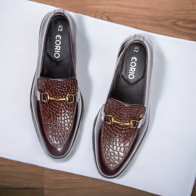 Handmade men's brown alligator print leather & plan leather horse bit loafer shoes