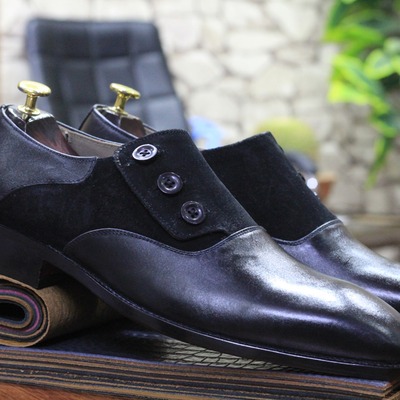 Handmade two tone leather & suede button dress men's shoes