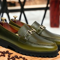 Men's Green Horse Bit Loafer Chunky Sole Slip on Formal Handmade Shoes - Thumbnail 1