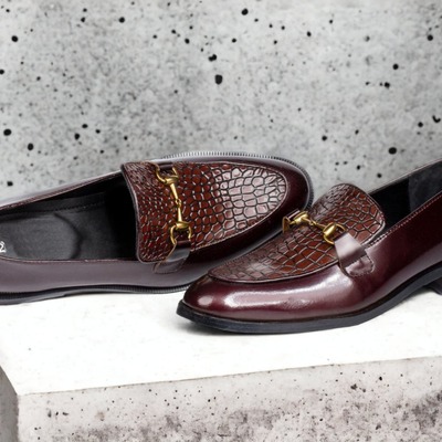 Handmade men's brown alligator print leather & plan leather horse bit loafer shoes