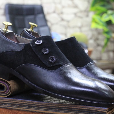 Handmade men's two tone leather & suede button dress shoes