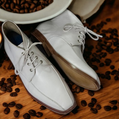 Handmade men's white leather lace up chukka designer classic boots