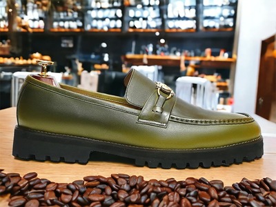 Handmade Men's Green Horse Bit Loafer Chunky Sole Slip On Formal Shoes